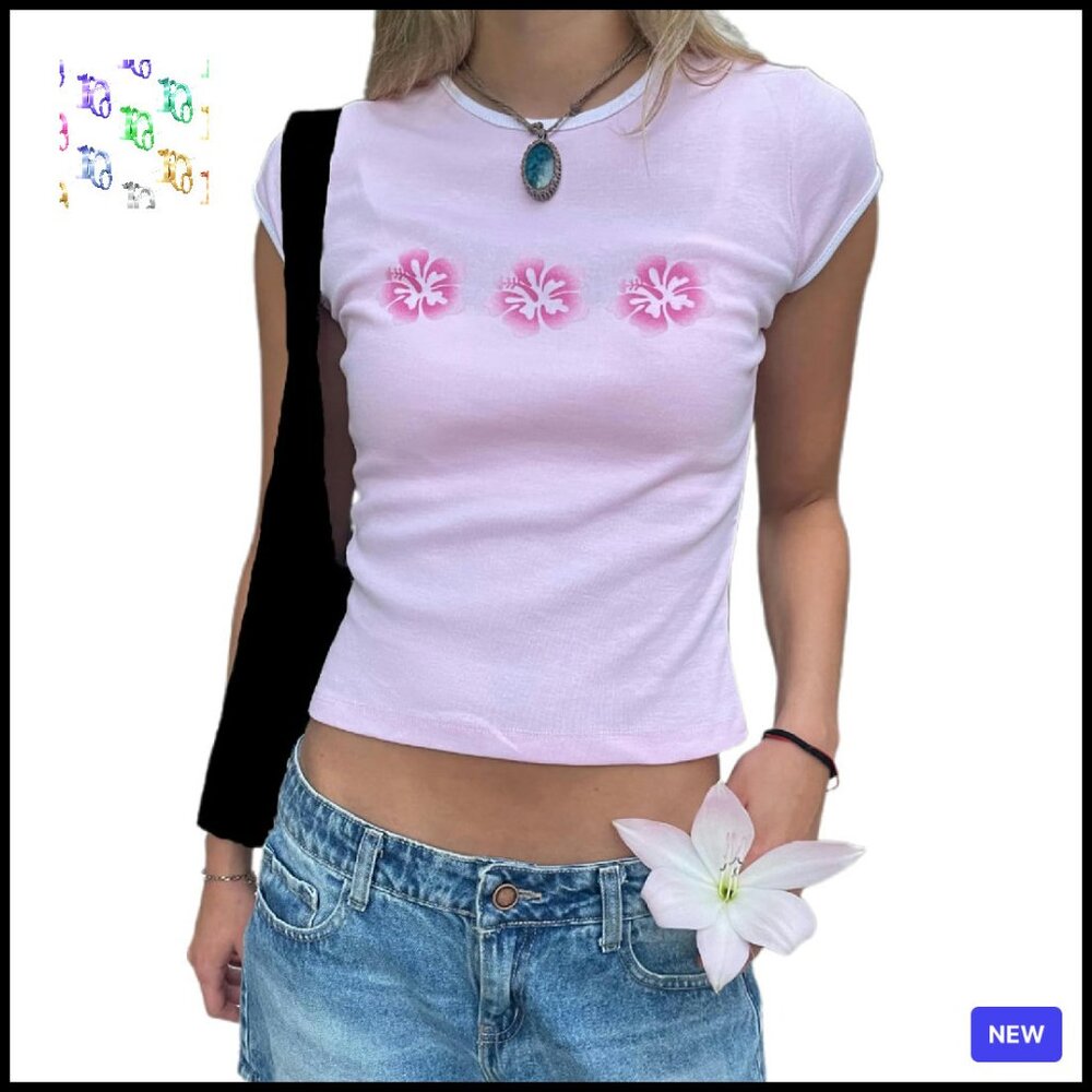 Y2k Floral Mesh Crop Top Slim Fit Retro Graphic Tee Summer Streetwear
